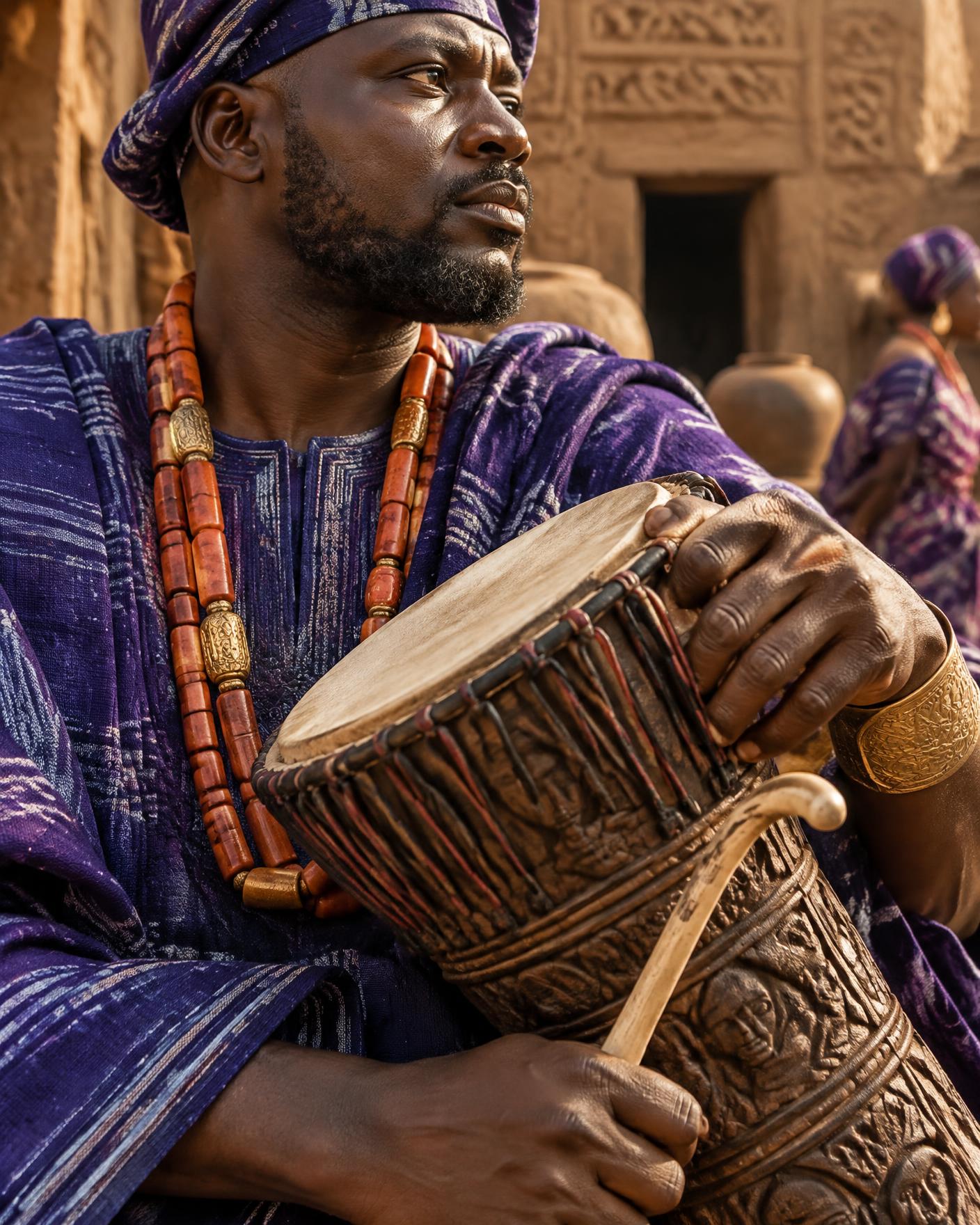 Yoruba drummer in royal indigo attire